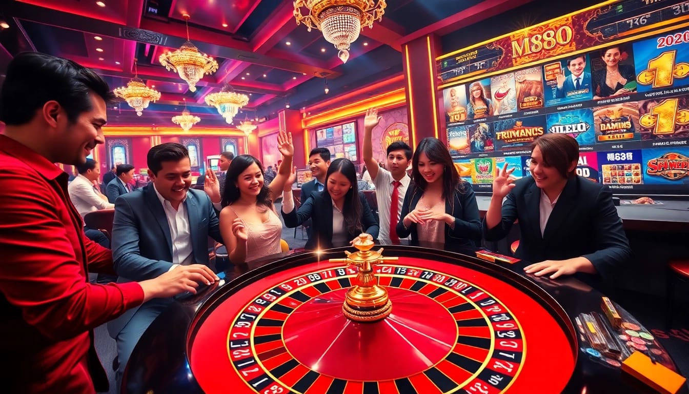 M88 players celebrating a big win at a vibrant roulette table in a luxurious casino setting.