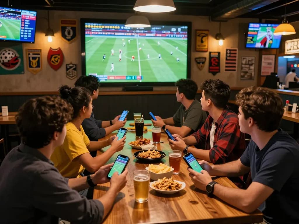 Watch friends place bets on soi keo nha cai during an intense football match in a lively sports bar.
