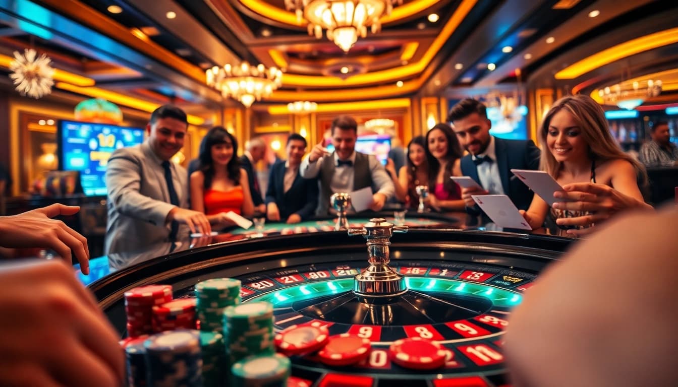 Engage with the excitement of e2bet vip at this vibrant roulette table in a luxurious casino setting.