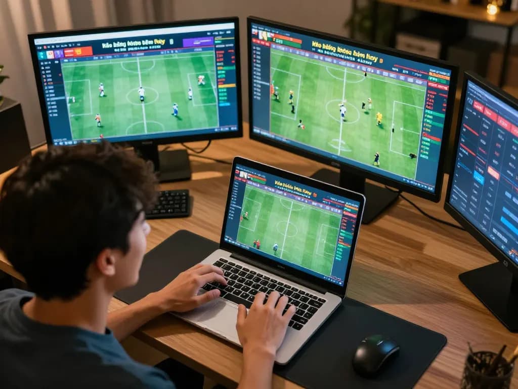 Kèo bóng đá hôm nay displayed on a laptop screen, showcasing live betting action in an engaging home office environment