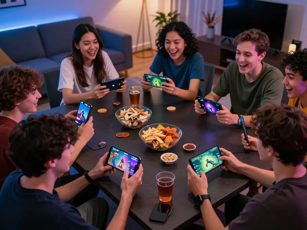 Para gamer bermain Panen178 di perangkat mobile selama pertemuan menyenangkan, menampilkan suasana yang meriah.