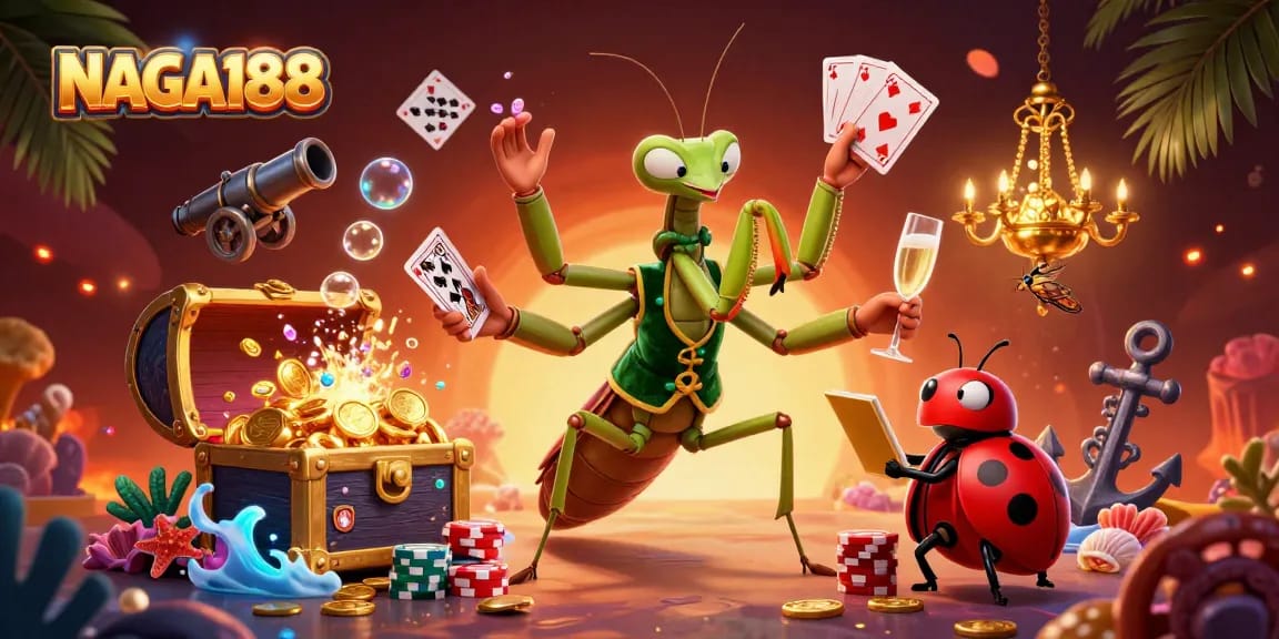 NAGA188 menampilkan ilustrasi kasino 3D dengan karakter menarik, permainan kartu, dan elemen bawah laut.