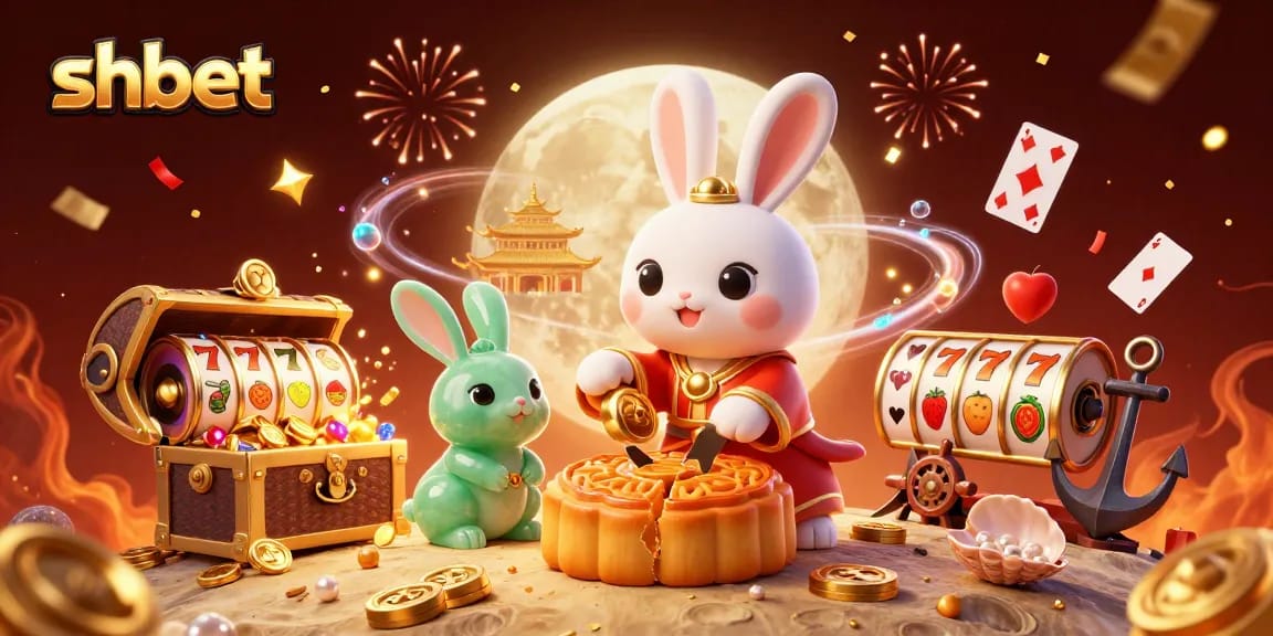 Win big at shbet with a vibrant casino scene featuring a moon rabbit and poker chips.