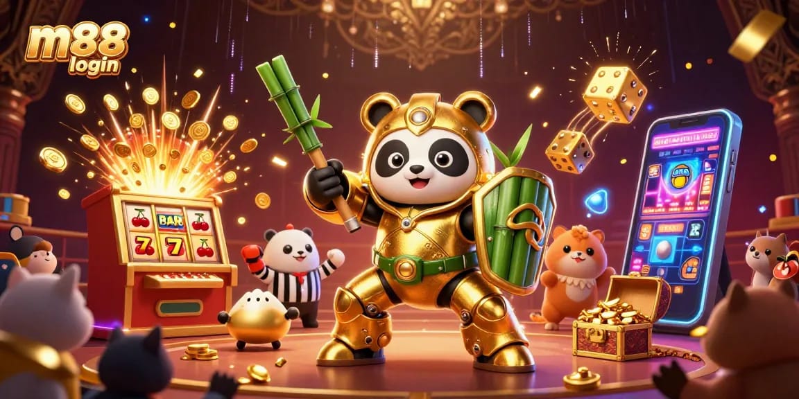 Win big at m88 login with vibrant casino games showcased in a lively arena illustration.