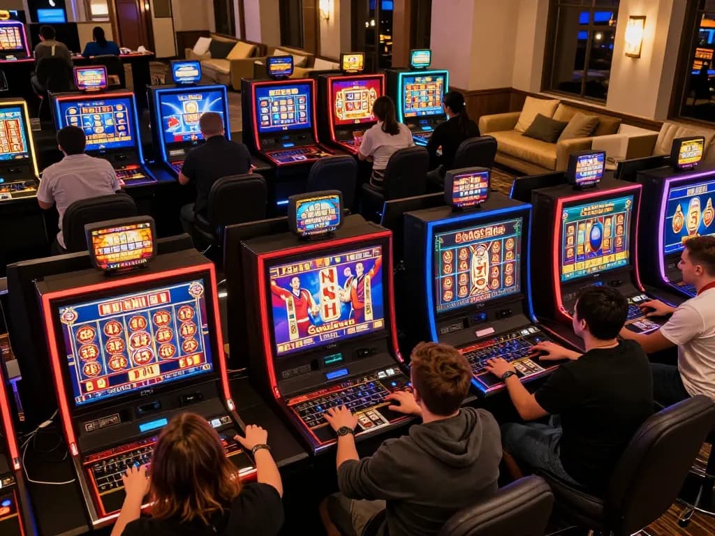 Players celebrating wins at bl555 online casino with colorful slot machines and roulette tables