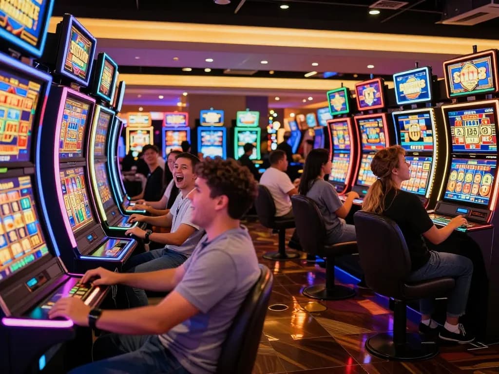 Players engaging with slot machines in an electrifying casino atmosphere filled with colorful lights.