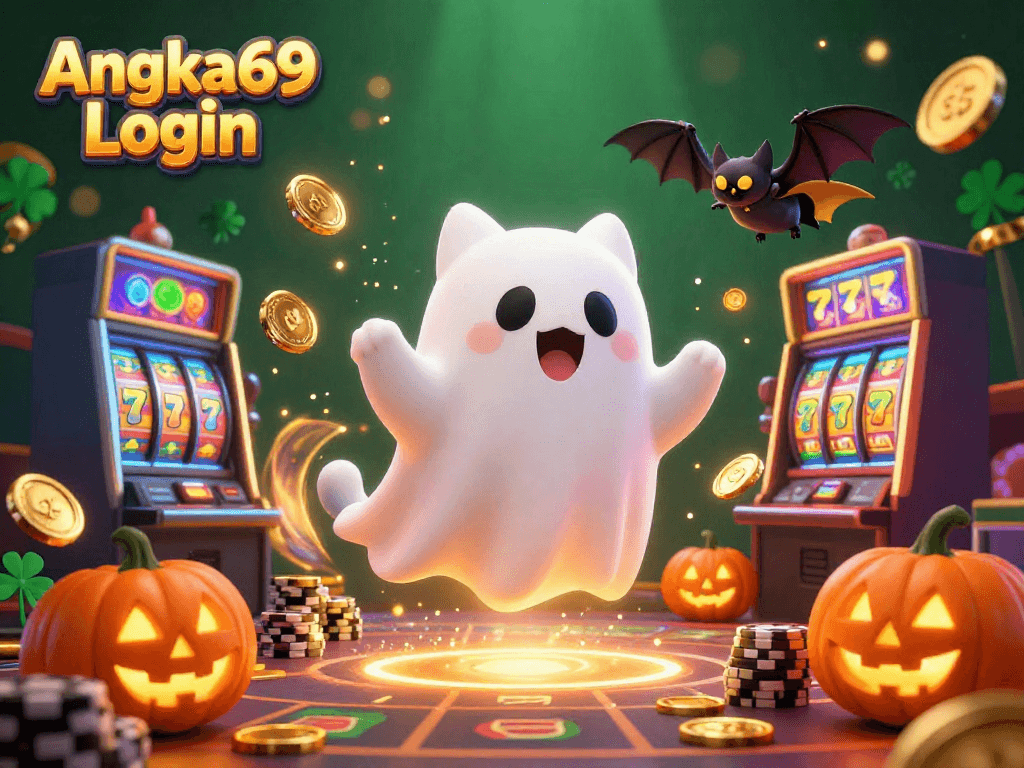 Engage with the thrilling ambiance of Angka69 Login, with a friendly ghost cat and vampire bat in a lively casino.