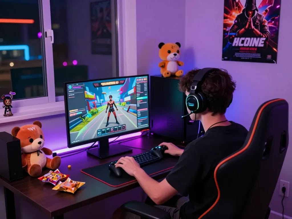 Engaged gamer playing html porn games in a vibrant gaming room filled with neon lights and high-tech equipment.