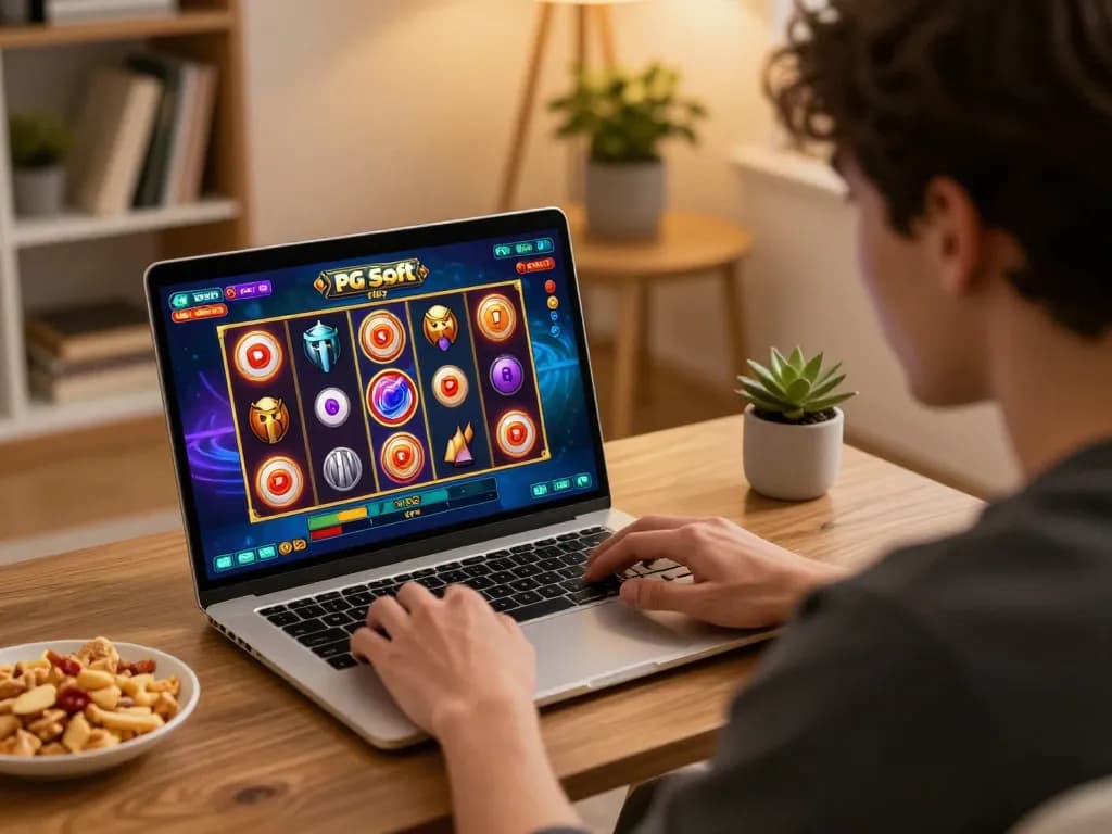 Pemain menikmati permainan slot Demo PG Soft di laptop dalam suasana rumah yang cozy dengan camilan dan pencahayaan yang hangat.