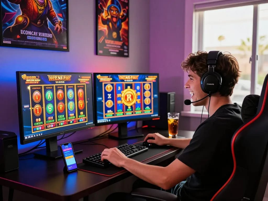 Pemain menikmati pengalaman bermain game online SGPSLOT dengan tampilan slot berwarna-warni dan pencahayaan ambient