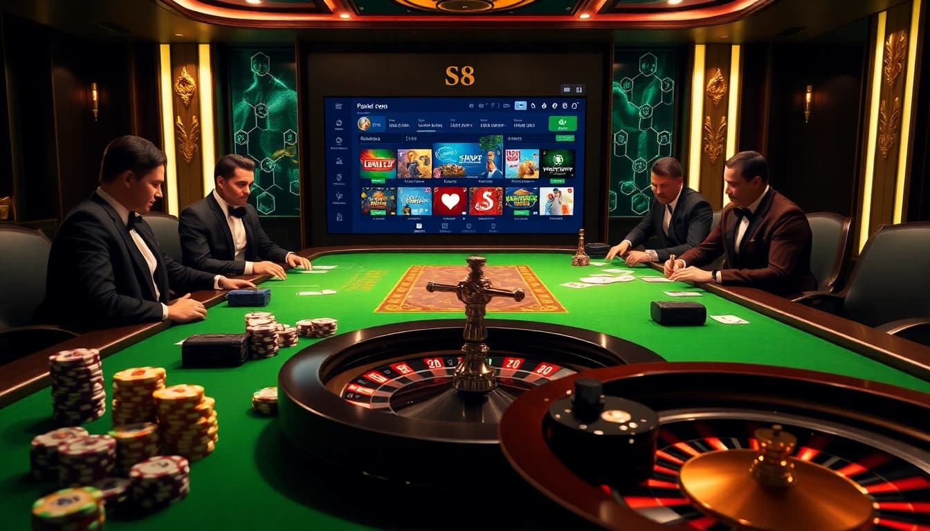 The S8 app empowers players in a vibrant casino scene with poker chips and cards.