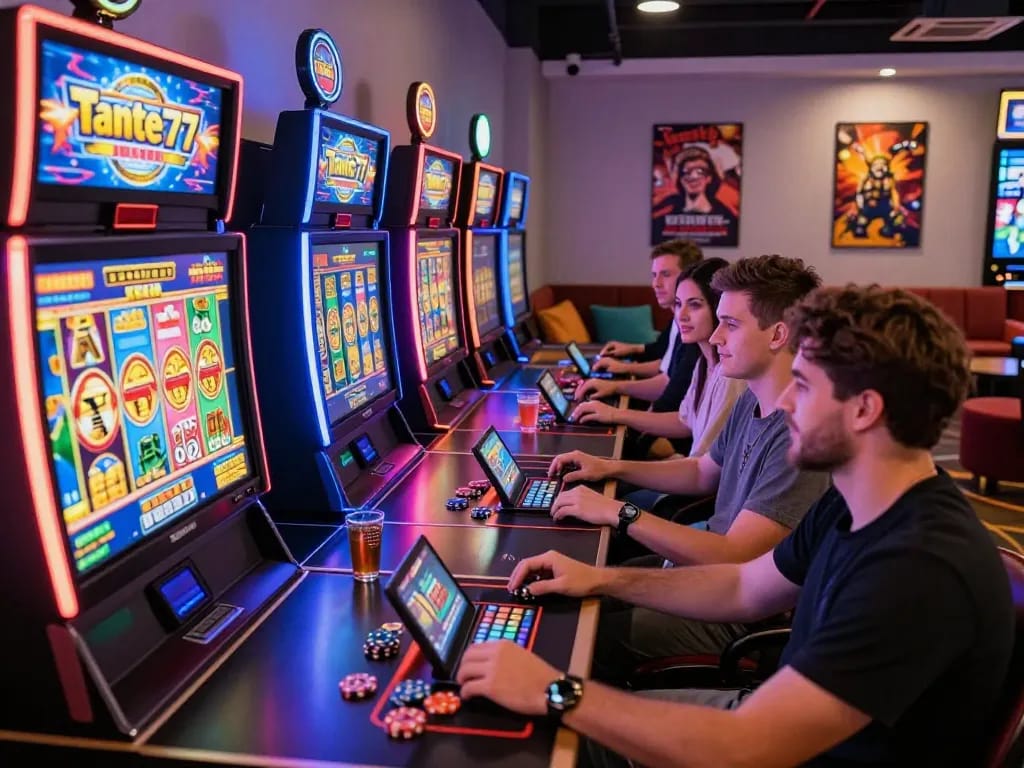 Engaging scene of friends enjoying tante77 gaming experience with vibrant visuals and cozy atmosphere.
