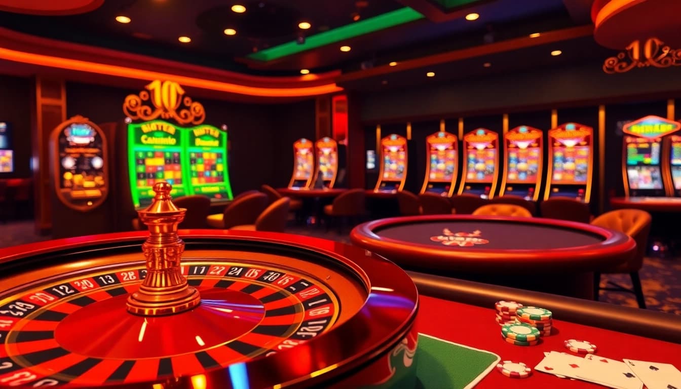 i9bet's exciting casino scene showcasing roulette, poker, and vibrant slot machines.