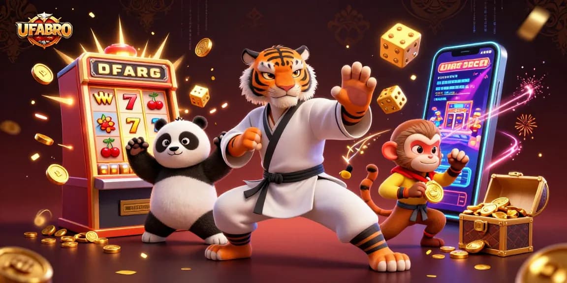 Win big with UFABRO's dynamic 3D casino scene featuring slot machines and playful characters.
