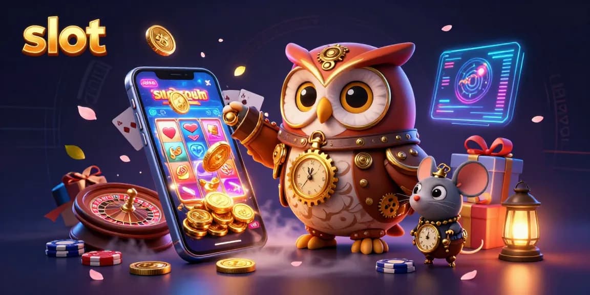 Spin vibrant slots with an owl and mouse in this gripping 3D casino art illustration.