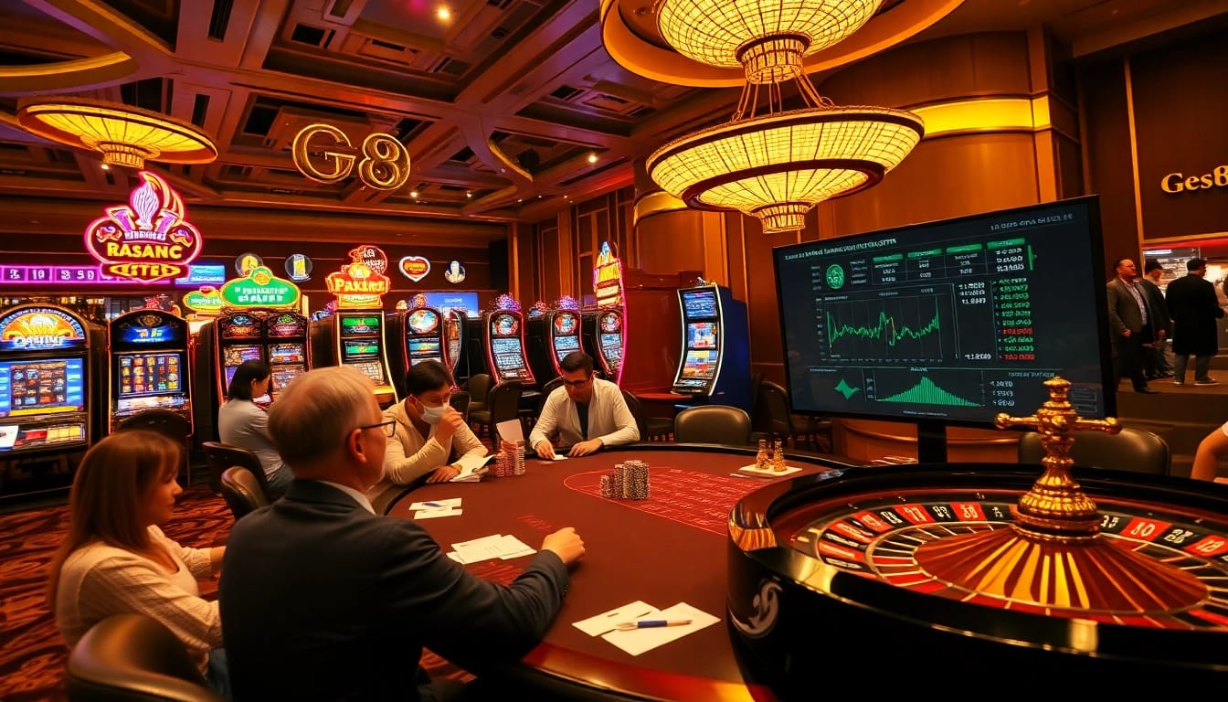 Engaged gamblers at GG88 poker table surrounded by vibrant casino elements.