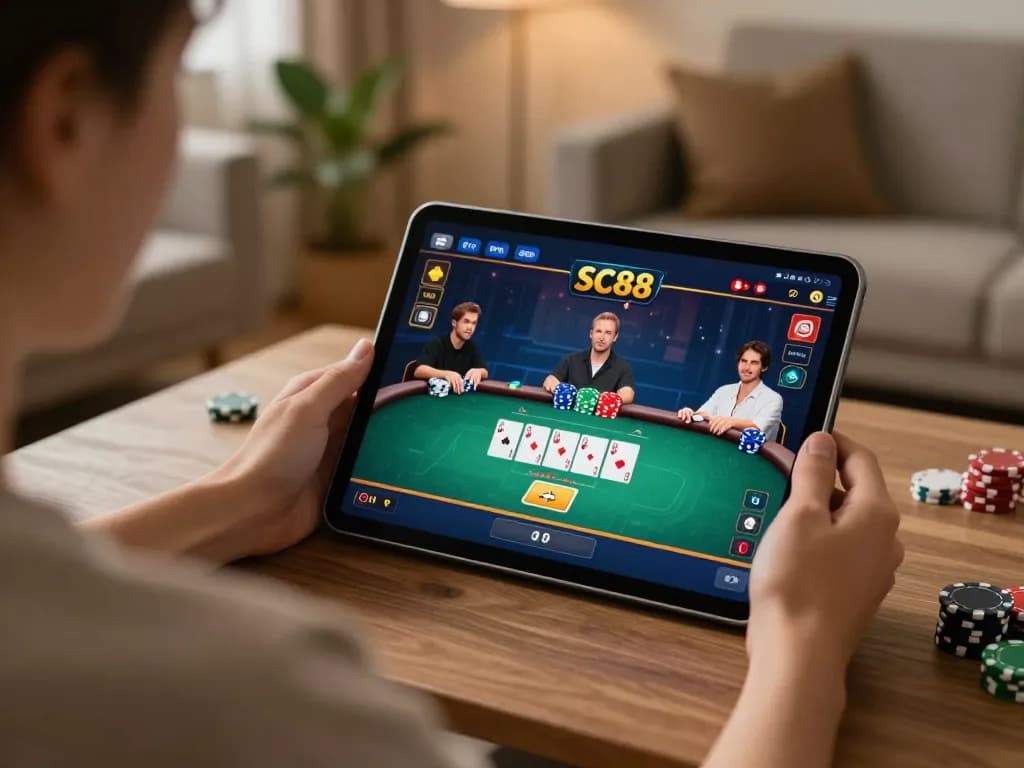 Player experiencing engaging online poker gameplay at SC88 with vibrant interface and cozy setting.