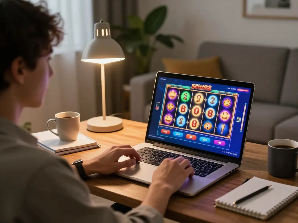 Player enjoying engaging slot88 action on laptop in a cozy home setting, showcasing online gaming.