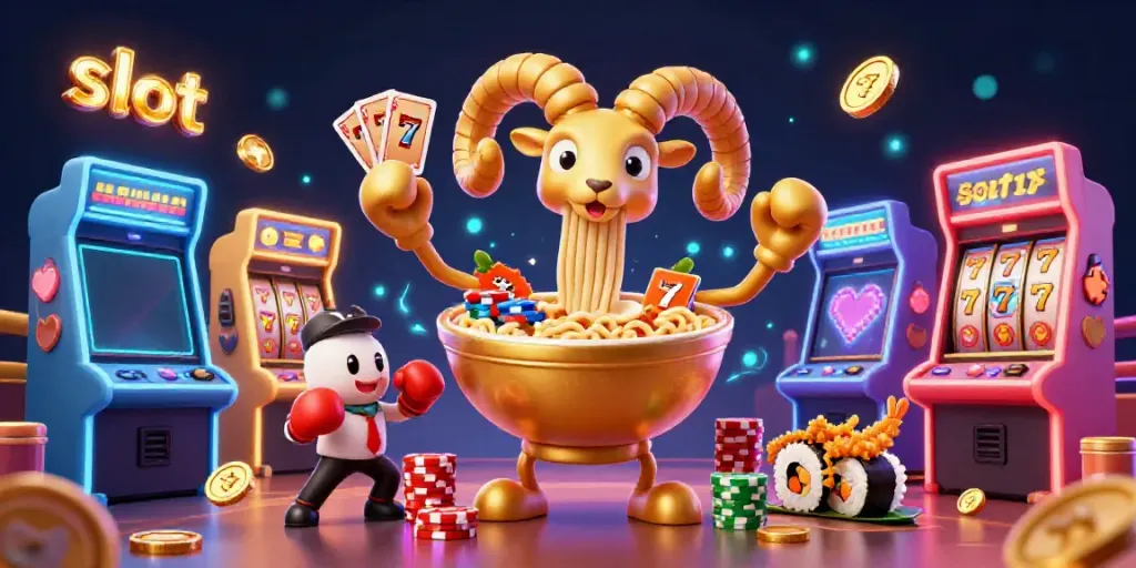 Engaging casino scene featuring slot symbols with a giant ramen bowl character and vibrant arcade elements.