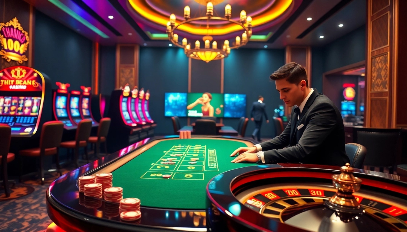 Experience the thrill of RR888 at a luxury casino table with vibrant slot machines.