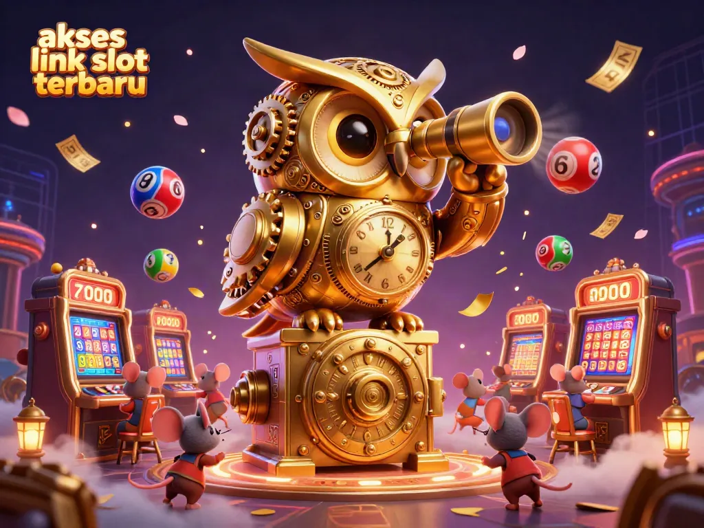 Aksi seru dalam ilustrasi 3D yang menggambarkan akses link slot terbaru dengan simbol jackpot dan penonton bersorak di kasino fantastis.