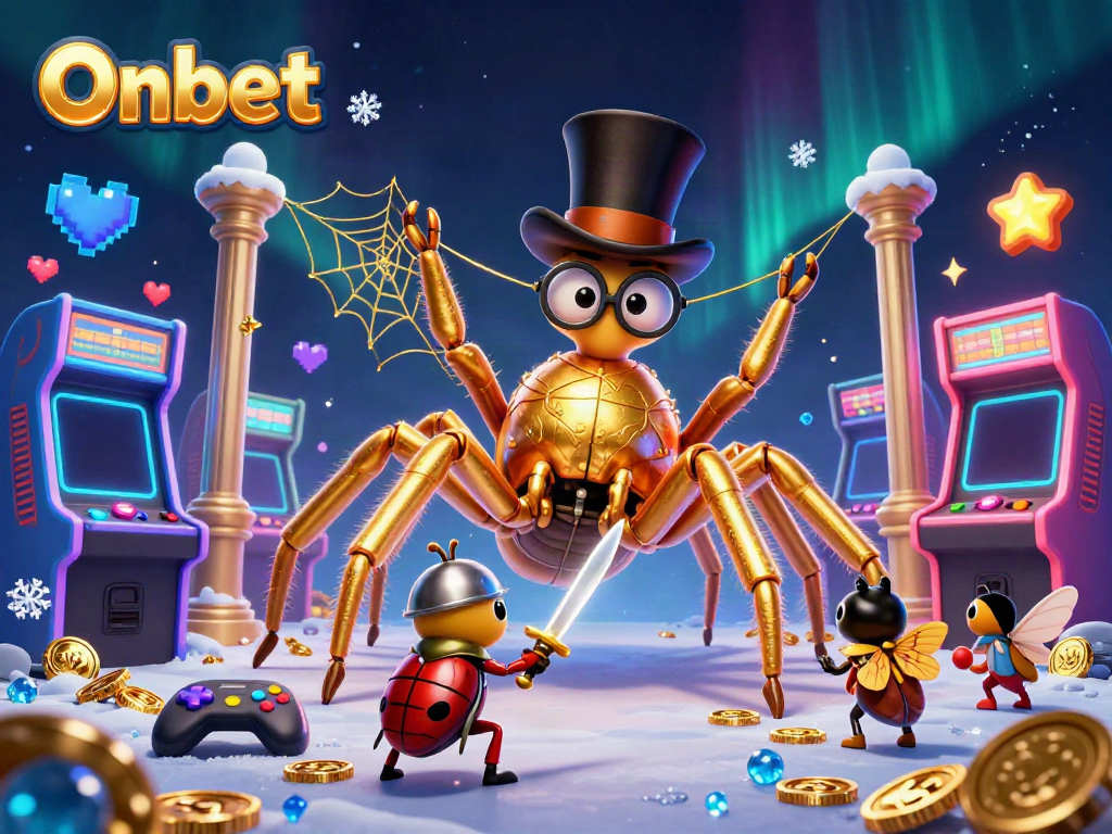 Engaging scene showcasing Onbet's casino world with a golden tarantula, a beetle knight, and game machines.