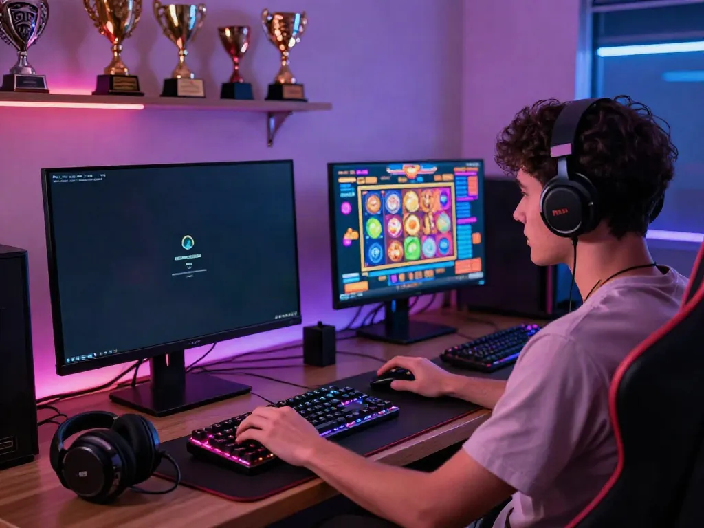 Online gaming setup featuring A80 with immersive slot game, RGB lighting, and modern gaming accessories.