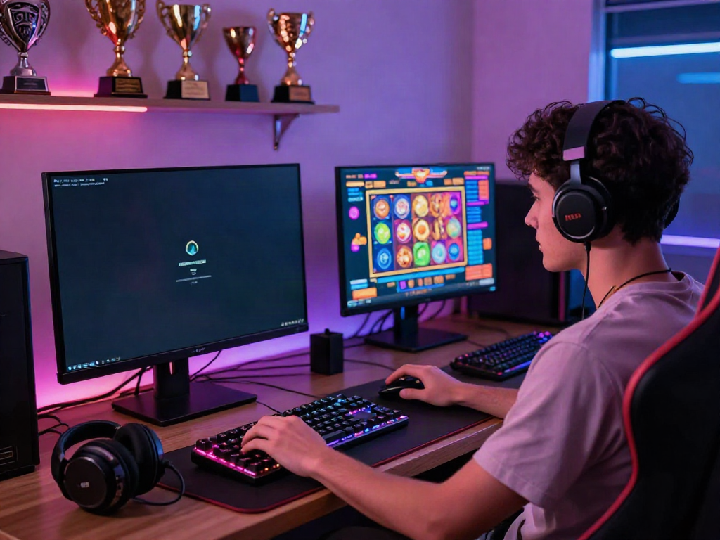 Online gaming setup featuring A80 with immersive slot game, RGB lighting, and modern gaming accessories.