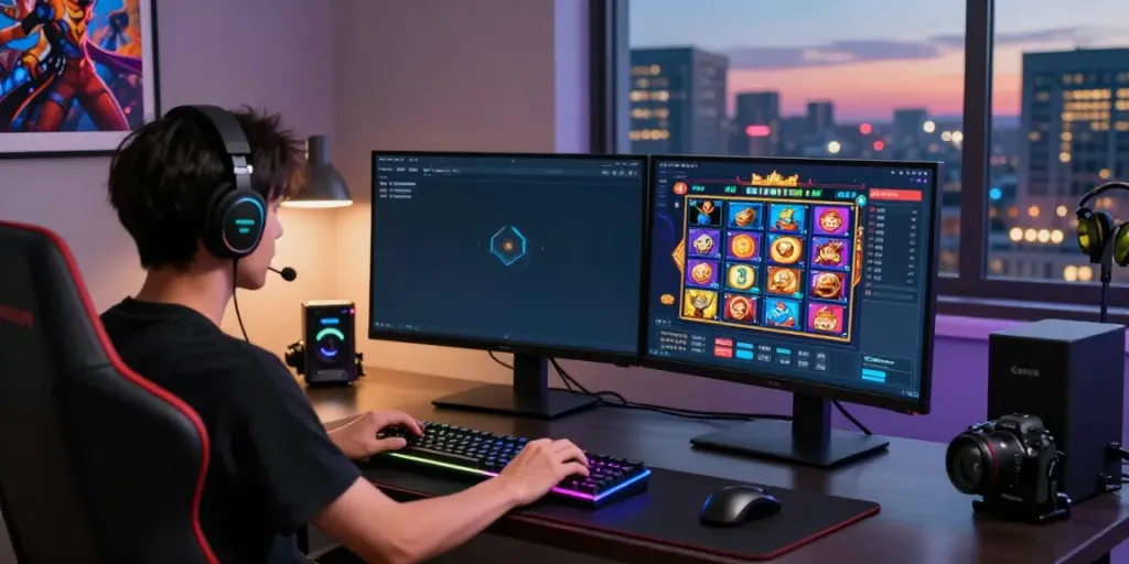 Player engaging with akunjp online slot game on dual monitors in a vibrant urban gaming setup
