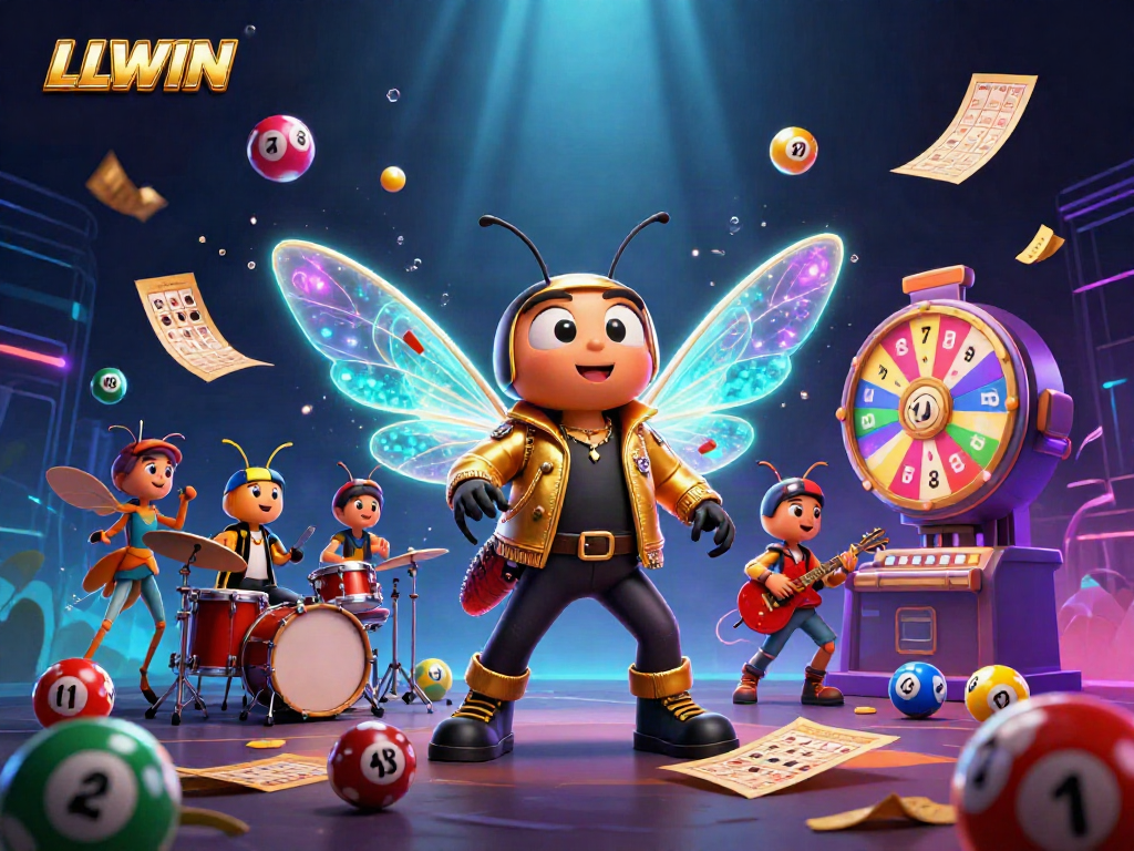 LLWIN presents an engaging 3D casino scene showcasing a cicada rock star amidst dynamic lottery and gaming elements.
