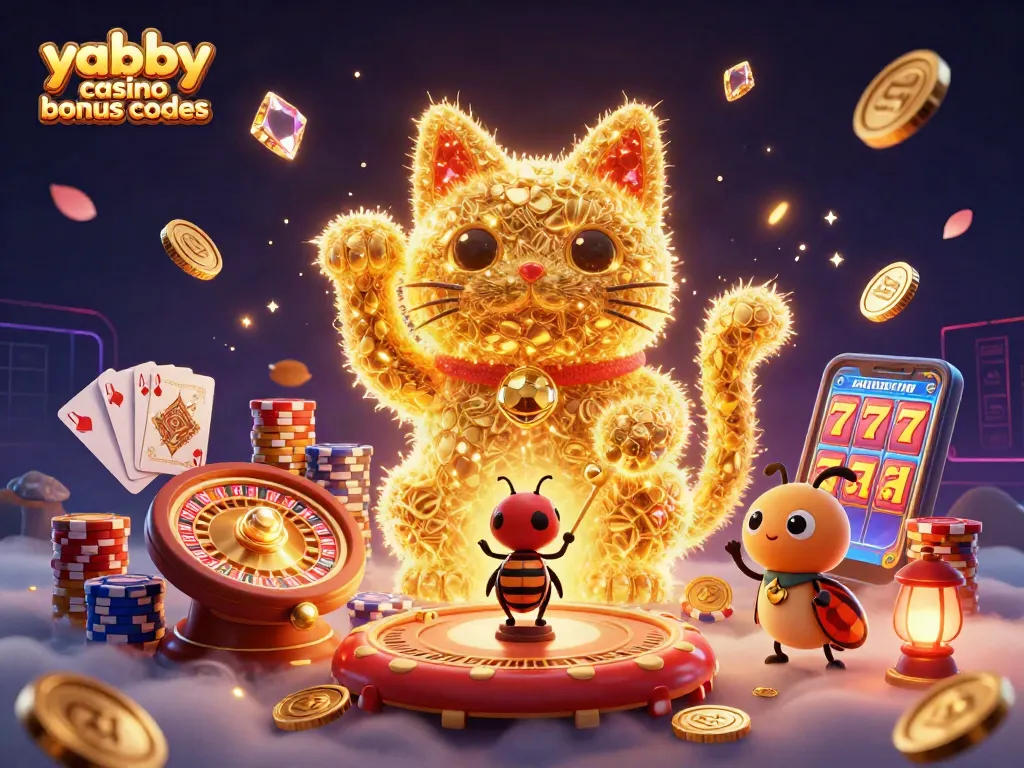 Experience amazing yabby casino bonus codes with vibrant 3D casino elements and a golden lucky cat.