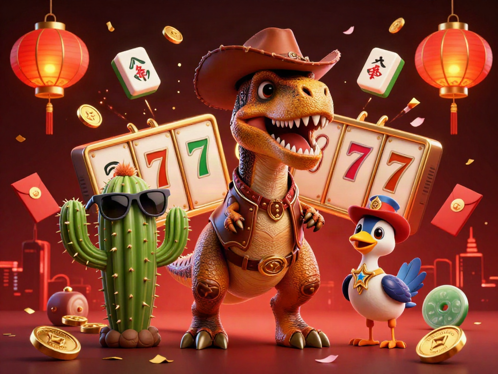 Aktivitas bermain Hoki88 dengan karakter 3D koboi dinosaurus dan elemen slot berkilau yang menarik.