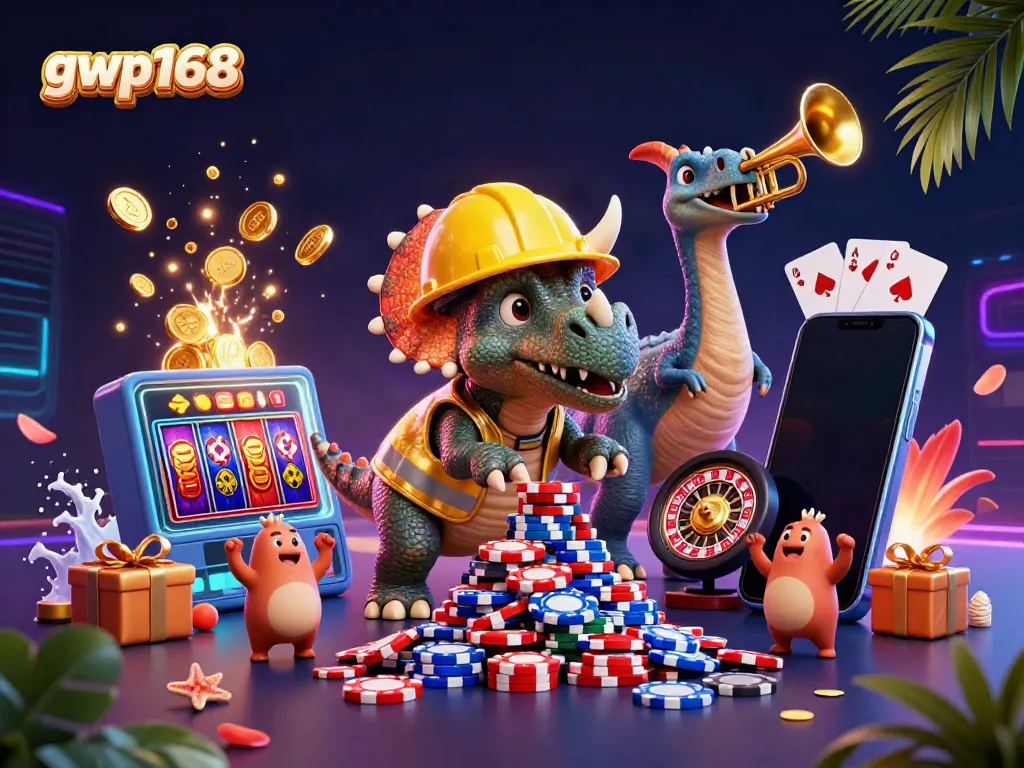 Gwp168, triceratops membangun tumpukan chip poker sambil dikelilingi elemen permainan kasino.