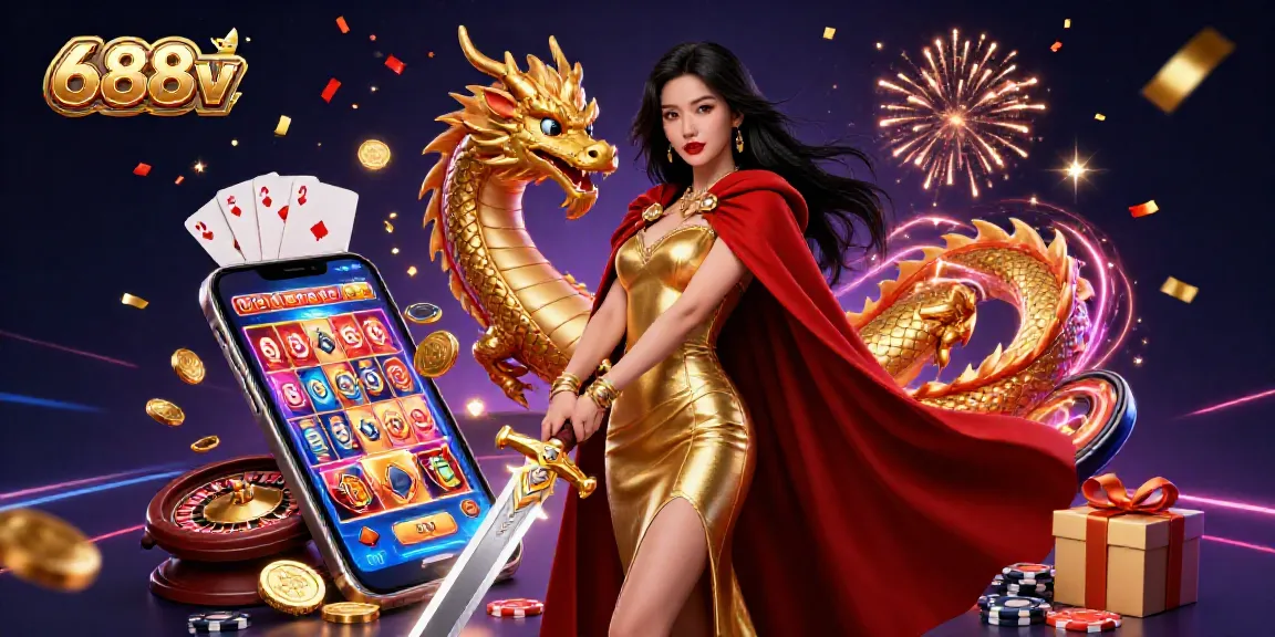 Experience the excitement at 688v with a mesmerizing slots scene featuring vibrant characters and casino elements.