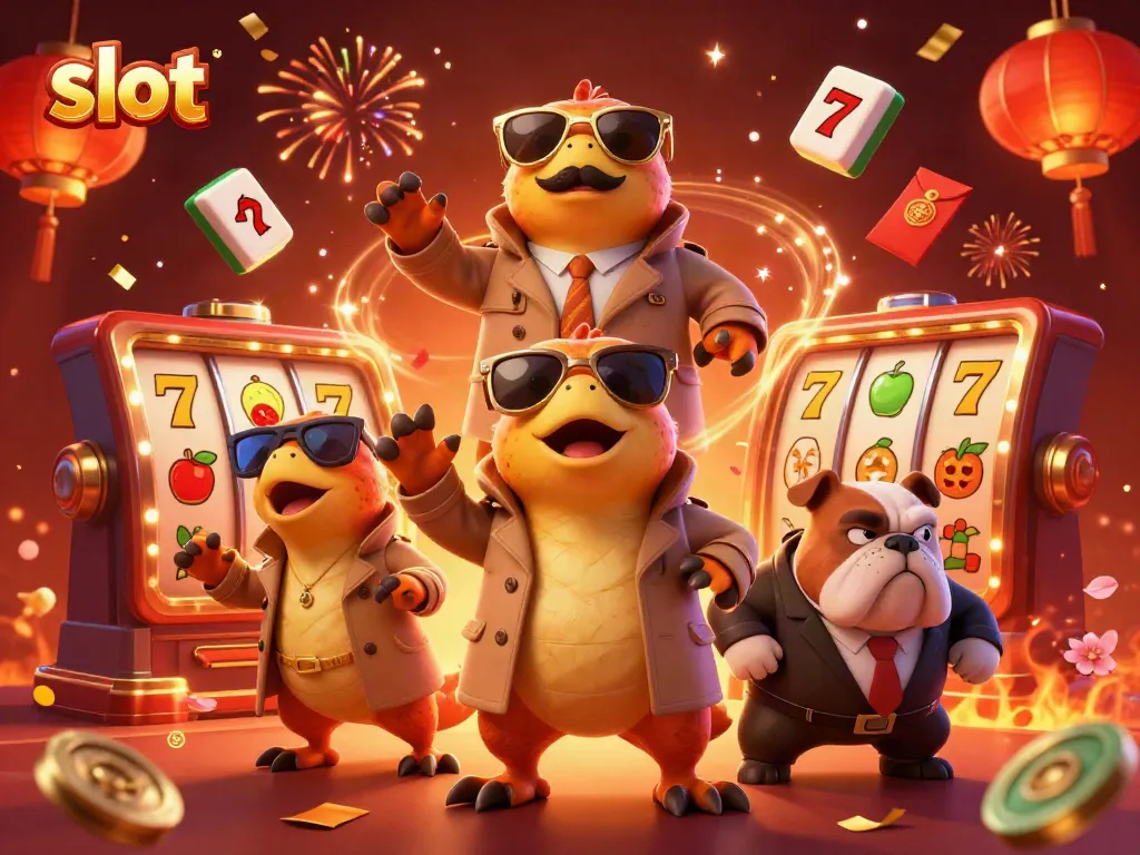 Rasakan keseruan bermain slot dengan tiga raptor kartun dalam jaket di kasino.