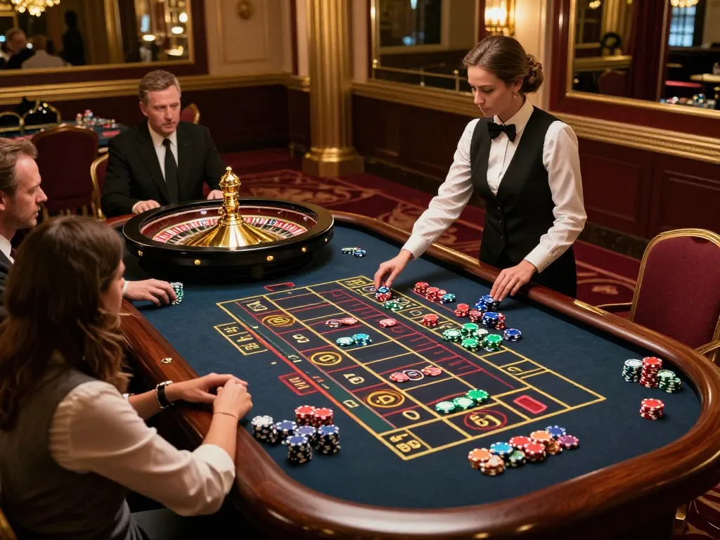F168 roulette table experience with croupier spinning wheel and engaged players in a luxurious casino environment