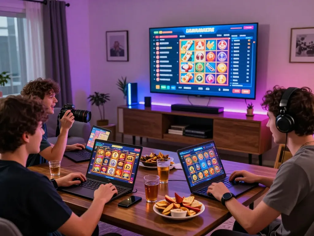 Pemain menikmati slot online laoban188 dalam suasana permainan yang hidup dengan cahaya yang cerah dan kegembiraan