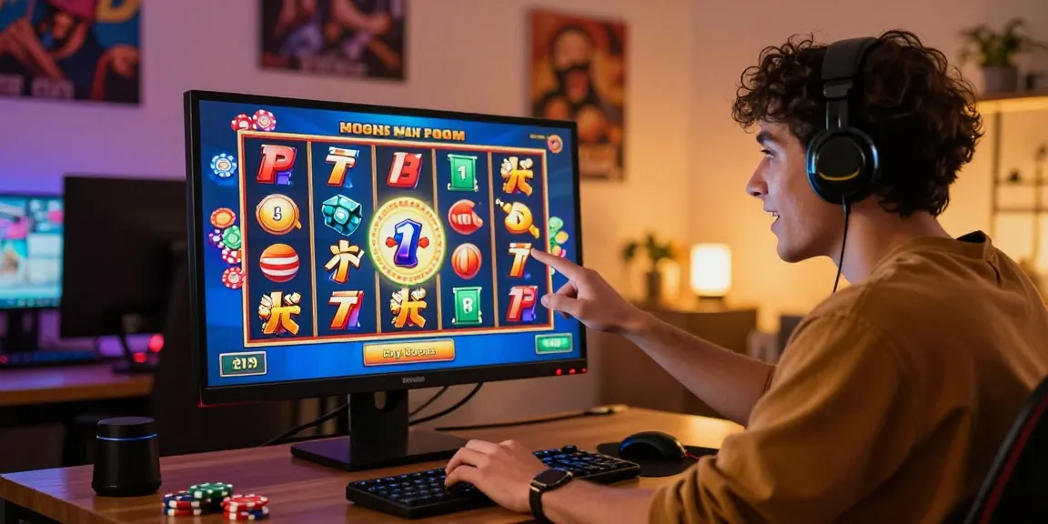 Player engaged with vibrant bonus buy slots at home gaming setup, showcasing excitement.