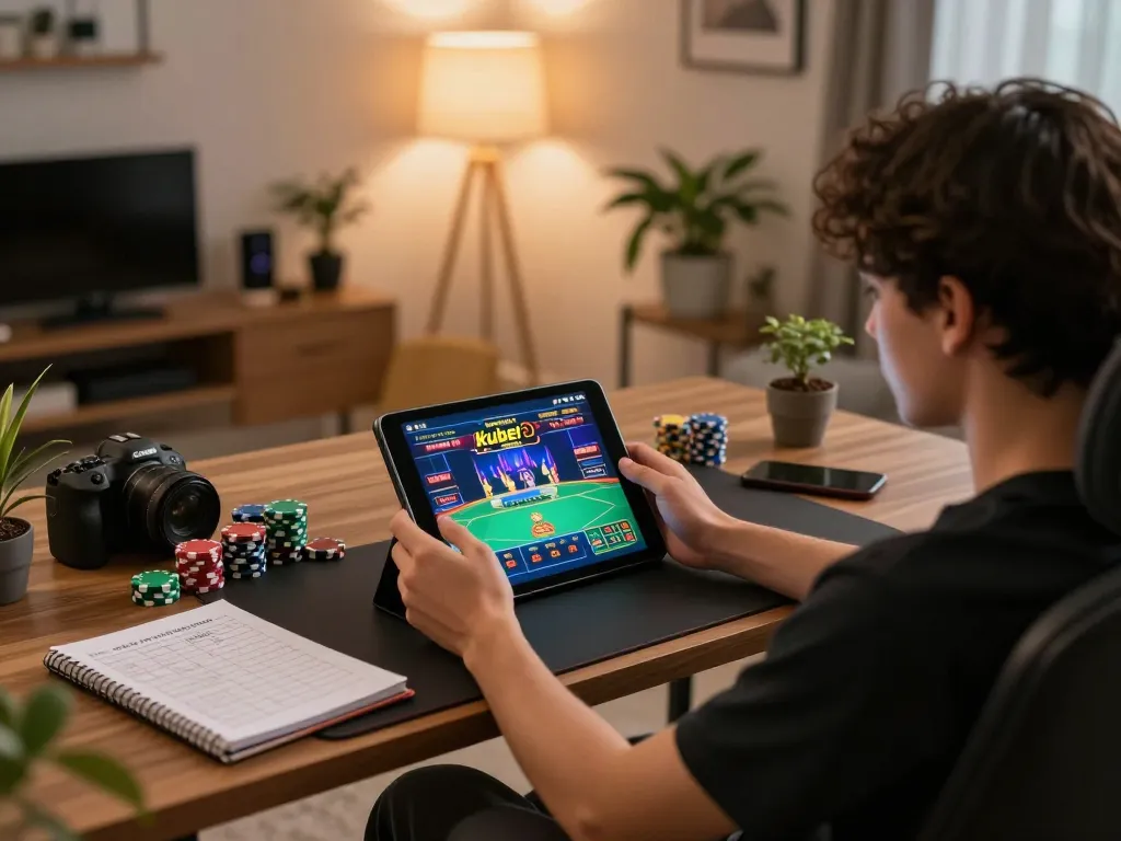 Player enjoying kubet online casino on a tablet, showcasing responsible gaming setup in a cozy home.