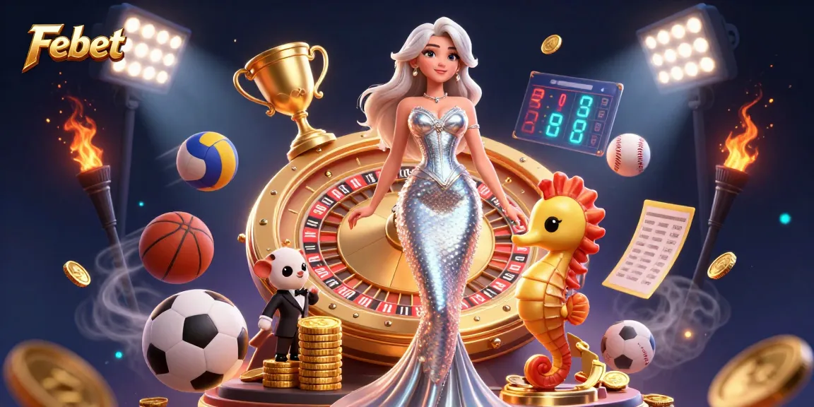 Febet captures the excitement of betting with a dazzling mermaid and vibrant sports elements.
