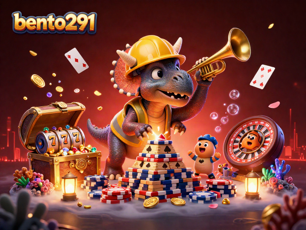 Engage with bento291 as the triceratops builds a playful poker chip pyramid amidst vibrant casino elements.