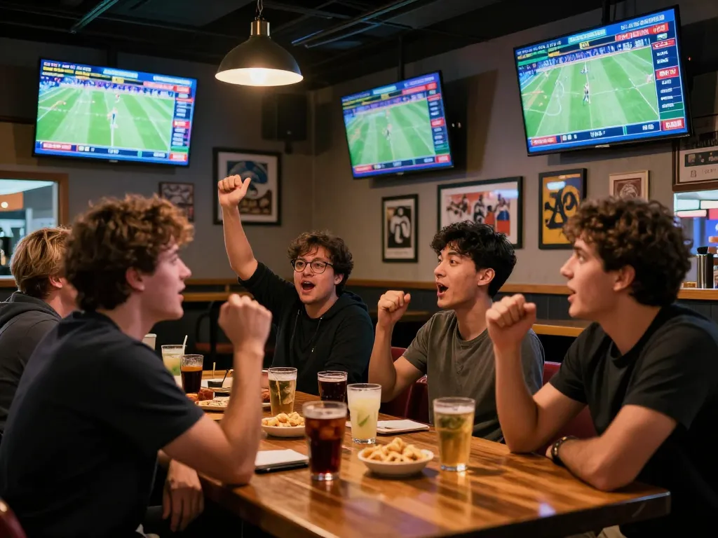 Enthusiastic sports fans engaging with say88 betting apps while watching live games.