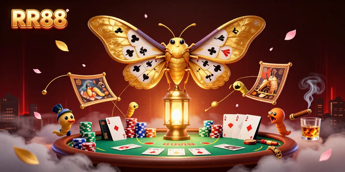 Experience the thrill of RR88 with a vibrant casino scene featuring a majestic moth and poker elements.
