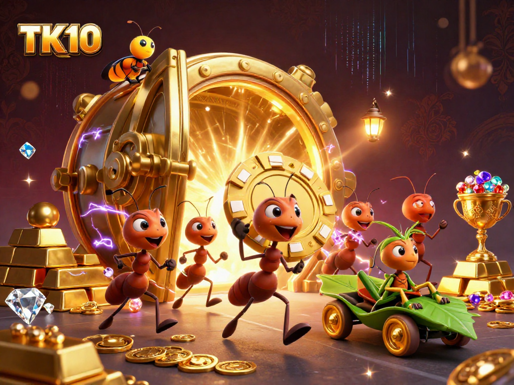 Engage with TK10's gaming adventure featuring cartoon ants heisting a giant poker chip amidst sparkling treasures.