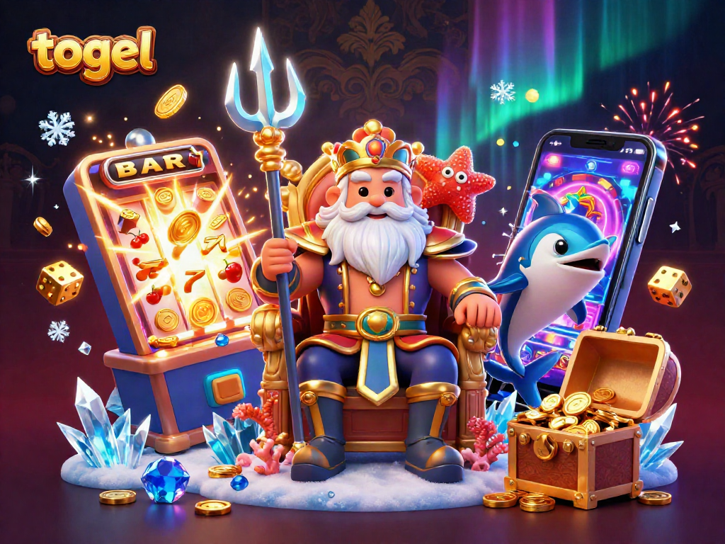 Engage with togel strategy in a vibrant casino scene featuring Neptune and dynamic game elements.