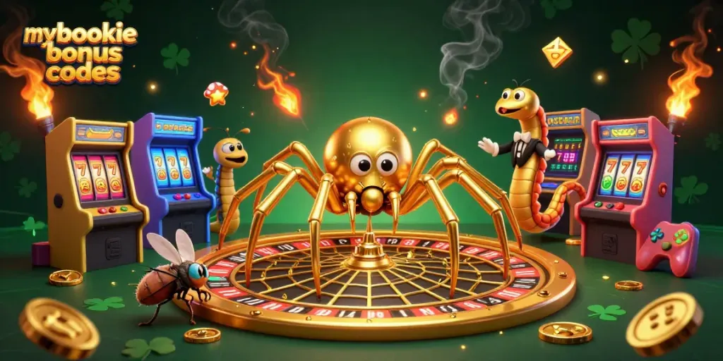 Engage with mybookie bonus codes in a vibrant casino scene with lucky charms and action.