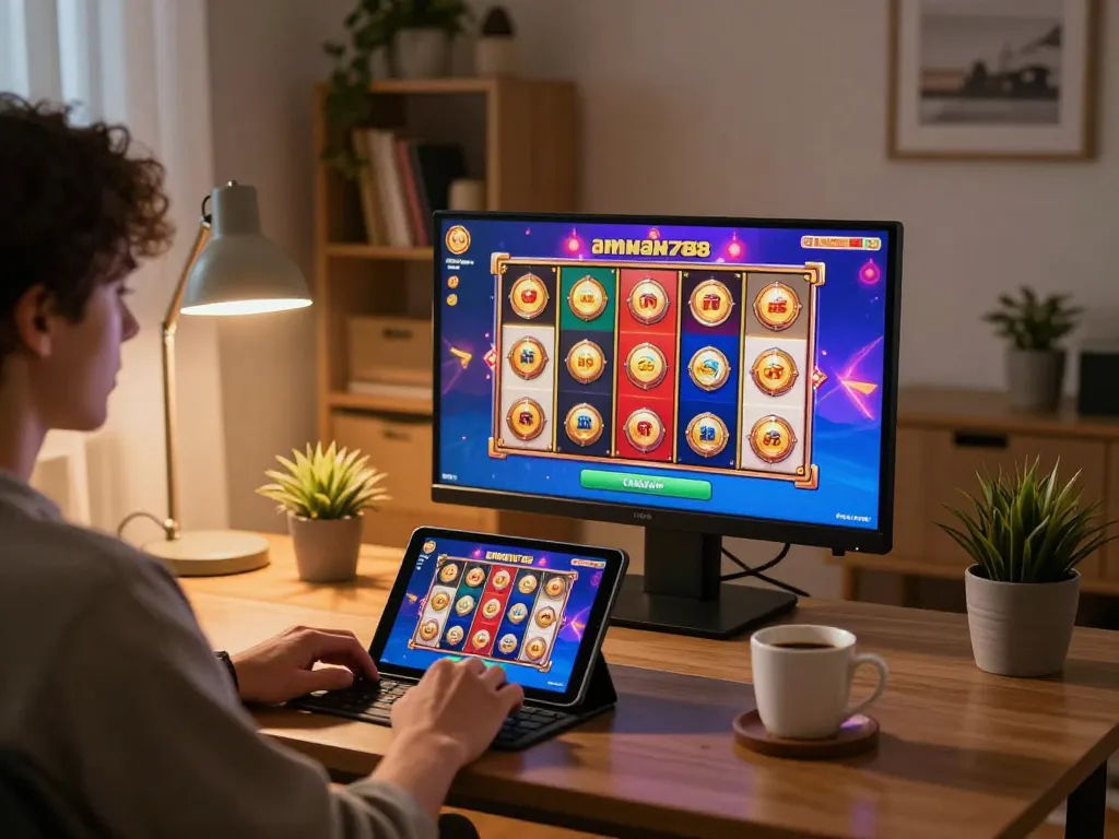 Seorang pemain menikmati aman788 slot online di tablet dalam suasana rumah yang nyaman.