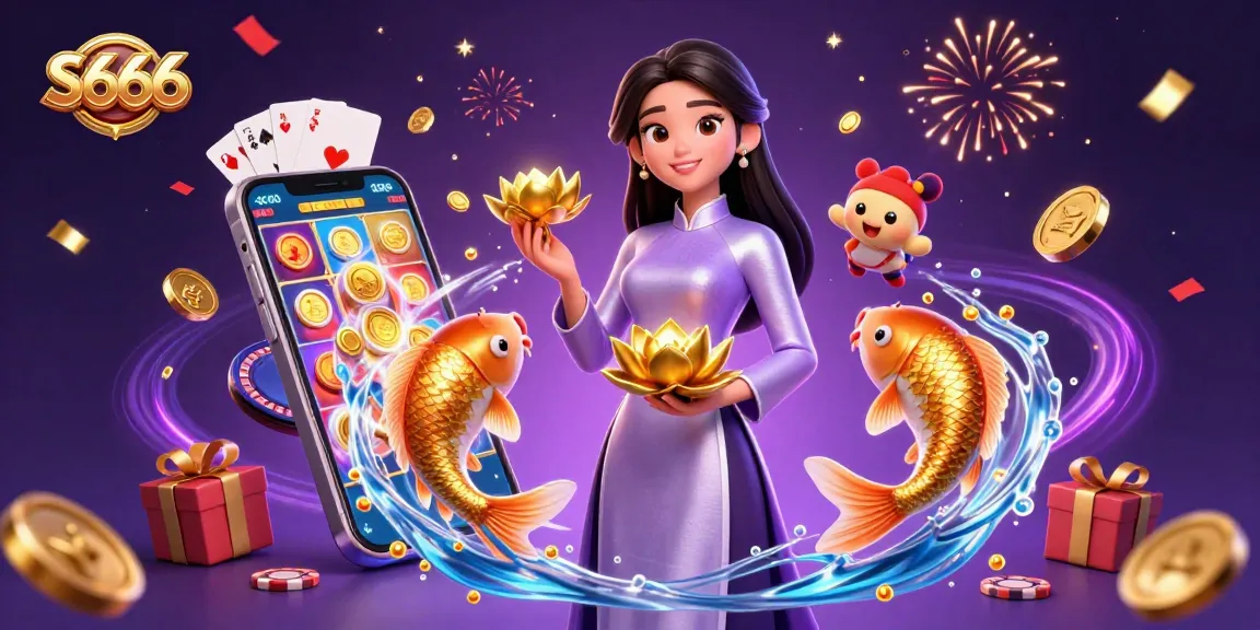 S666 brings excitement with an elegant woman holding a golden lotus and vibrant game elements.