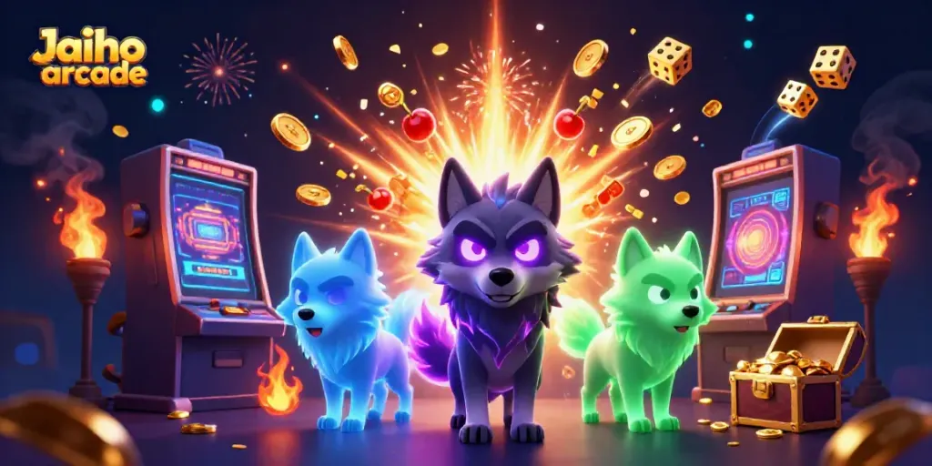Experience the thrill of Jaiho arcade with dynamic gaming elements and spectral wolf characters.