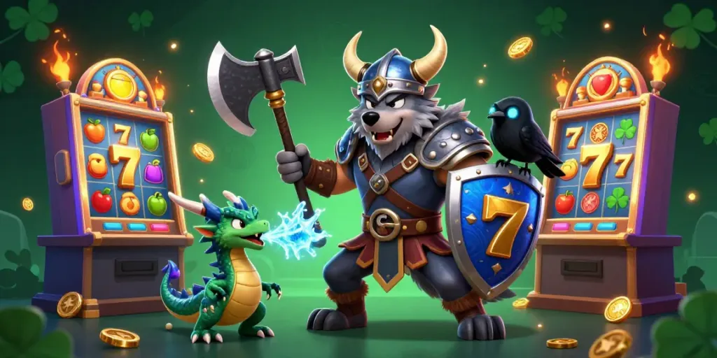 Engage with the exhilarating world of เกมสล็อตยอดนิยม through a vibrant 3D casino scene featuring a Viking warrior, fierce dragon, and playful raven amidst captivating slot machines.